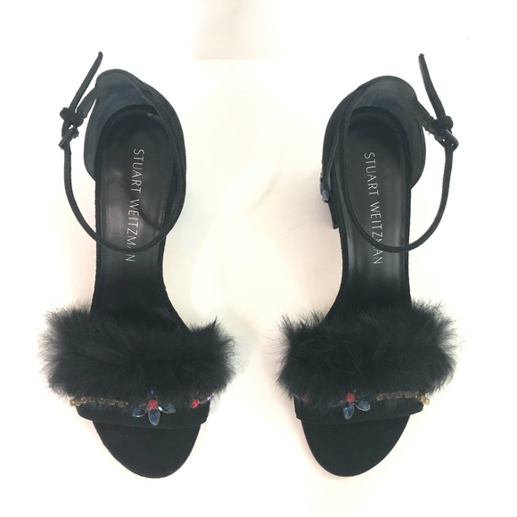 Stuart Weitzman Embellished Suede Fur Sandal Heels - Picture 9 of 15
